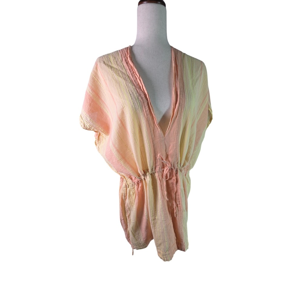 Prana Womens Striped Swim Cover Up Tunic Peach Yellow V-Neck Drawstring Medium